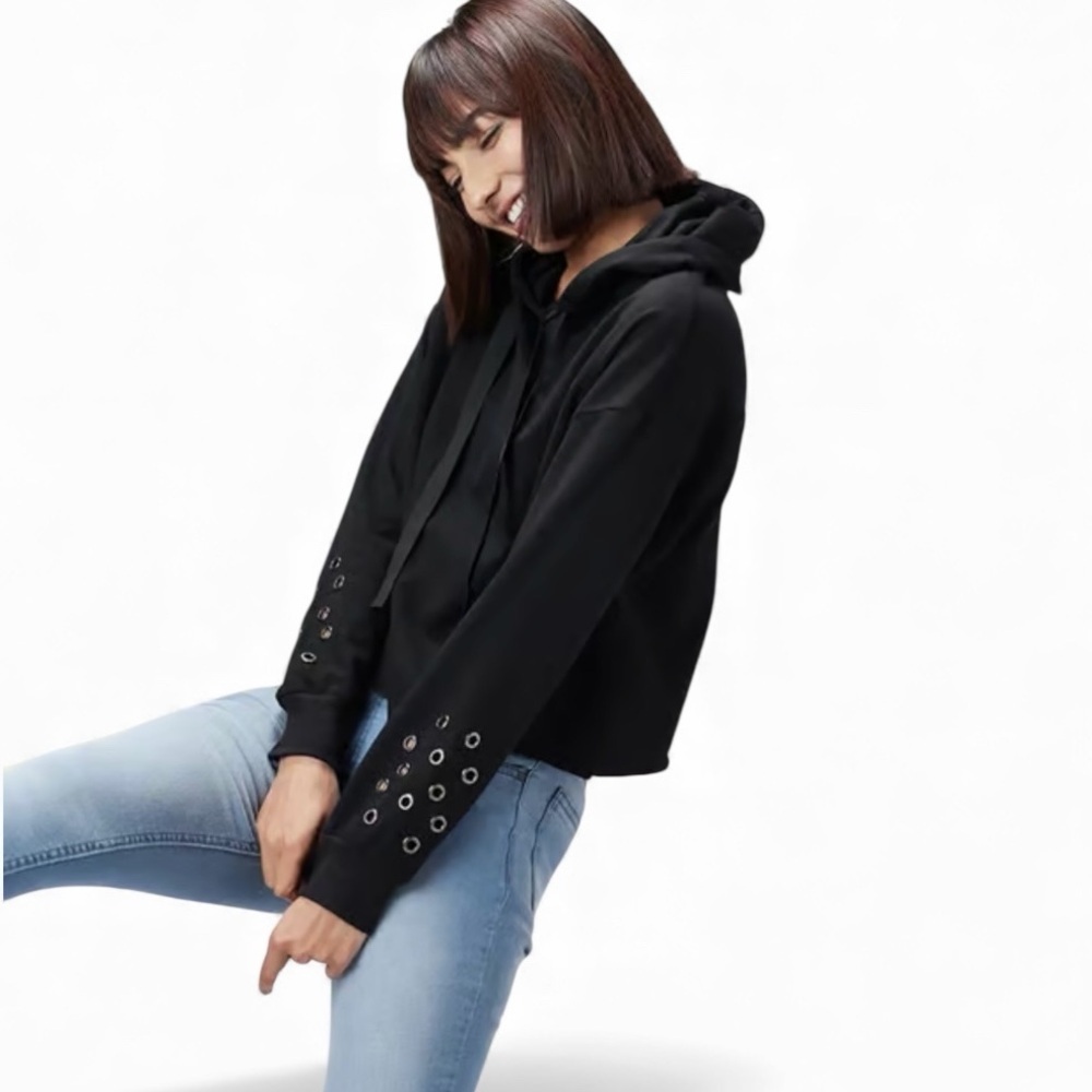 Zara Cropped Black Hoodie with Grommet Sleeve Detail